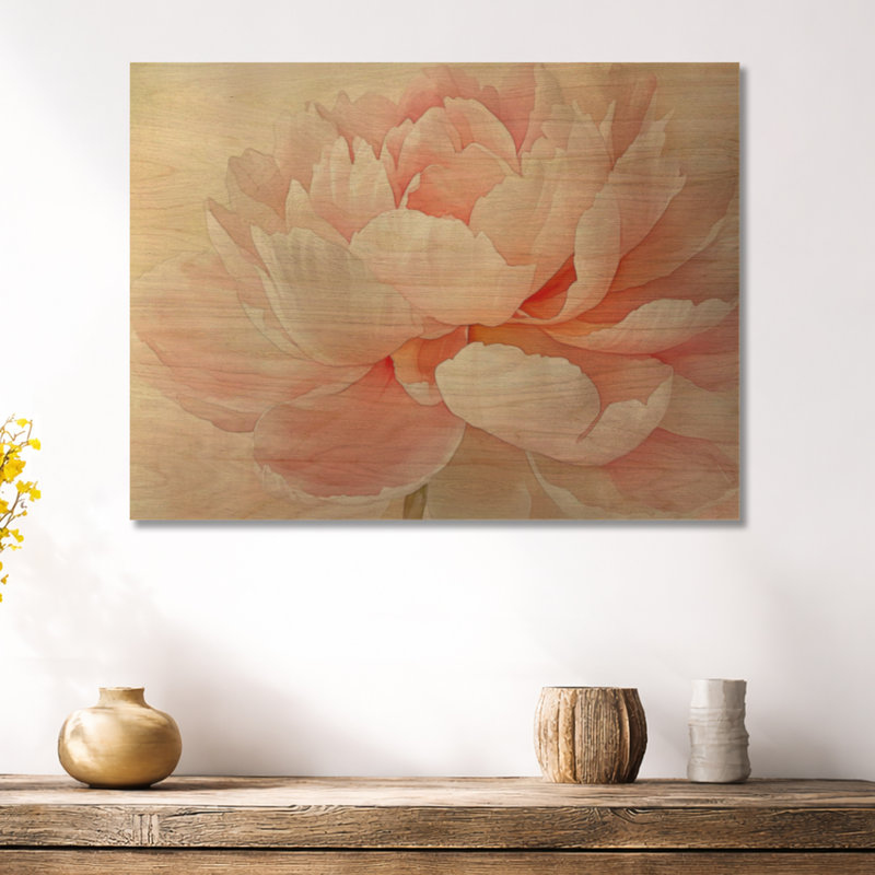 Fleur de pivoine douce I - art mural floral en bois, H 24 po x l 32 po, Rectangulaire