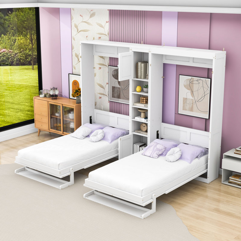 Lit simple et simple avec structure en bois et tablettes, Blanc