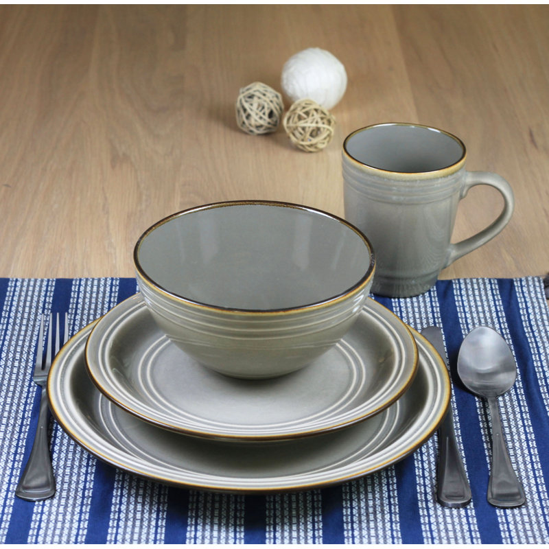 Grey Ceramic Ribbed Dinnerware Set, Service for 4