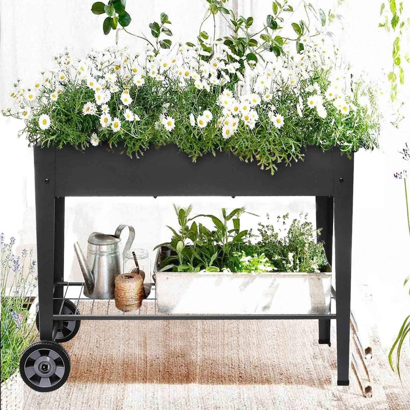 Boîte à fleurs surélevée d'extérieur en métal galvanisé FOYUEE avec pieds et roues, gris