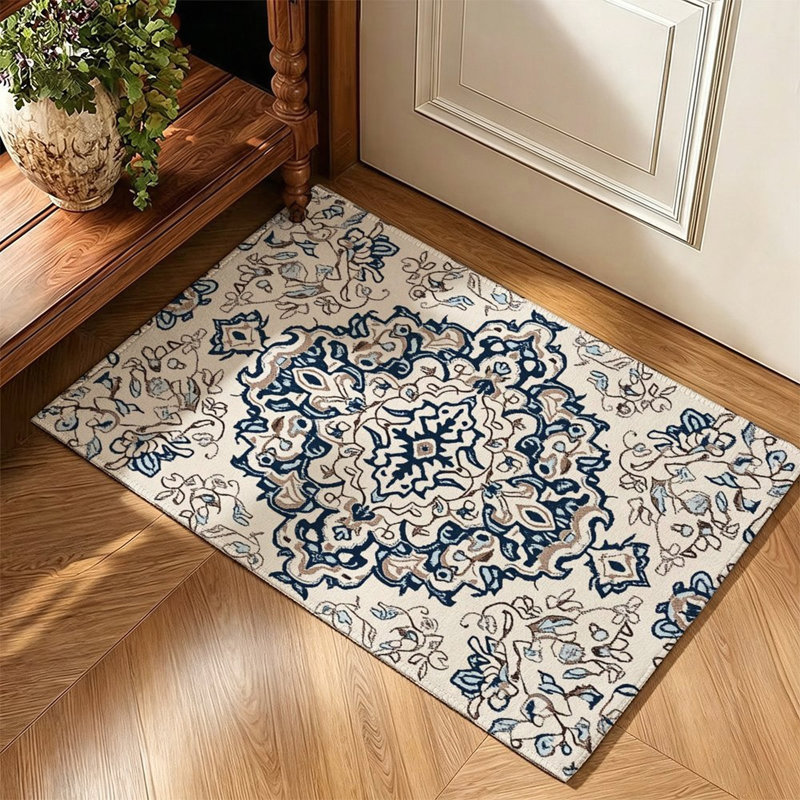 Tapis médaillon bleu et blanc 120 x 80 cm, décoration intérieure traditionnelle