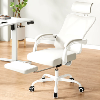 Chaise de bureau ergonomique beige, avec repose-pieds, chaise de bureau en filet, avec appui-tête, chaise d'ordinateur à haut dossier, support lombaire réglable pour la chambre d'étude de bureau à domicile