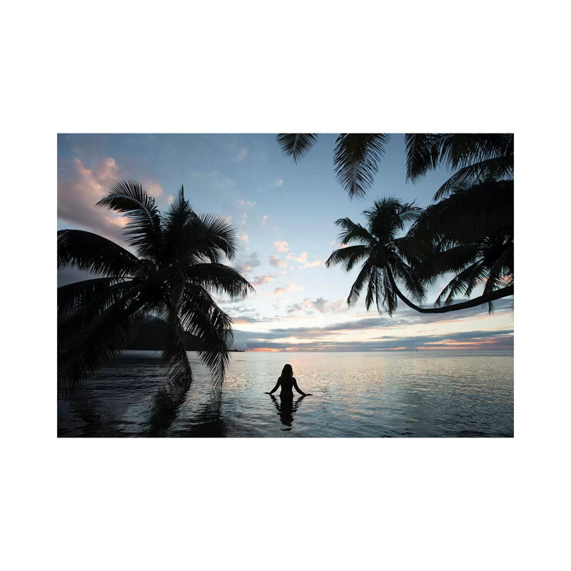 Woman Standing In The Pacific Ocean At Sunset, Moorea, Tahiti, French Polynesia III by Panoramic Images - Wrapped Canvas Print