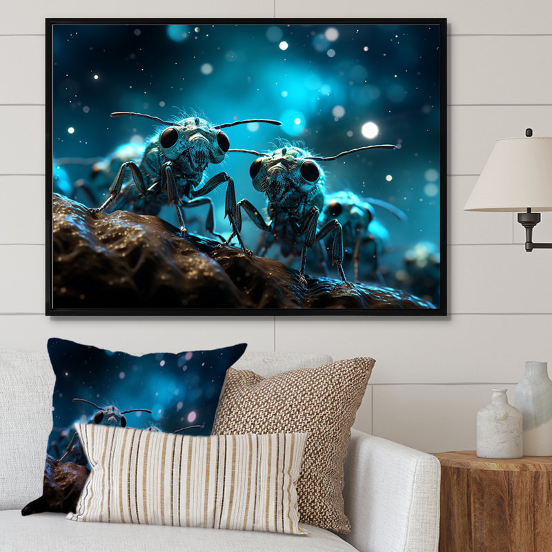 Fourmis lunaires argentées sur toile, H 30 po x l 40 po x P 1,5 po, Cadre flottant noir