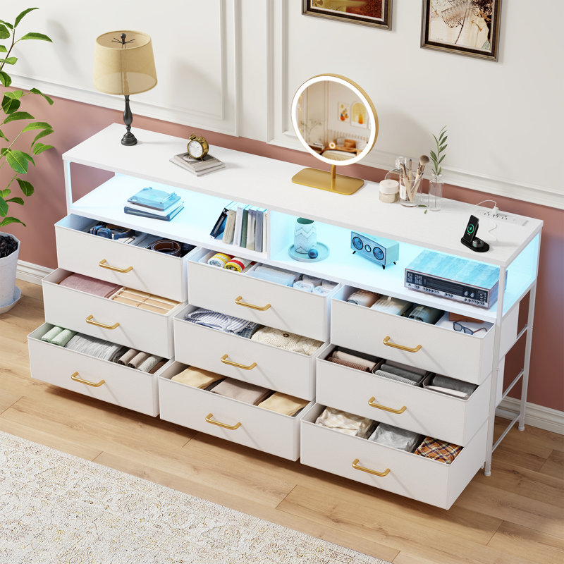 55” W 9 Drawer Dresser With 2-tier Open Shelf, Bedroom Dresser With Power Outlet & Led Light, White/Gold