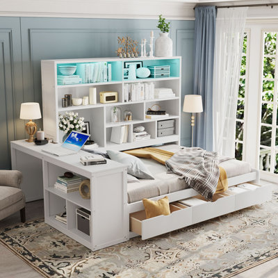 Full Size Wooden Daybed With Desk & Lights