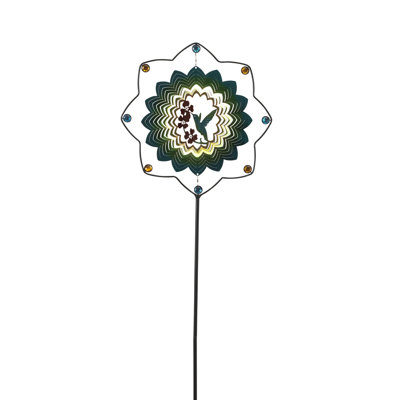 63-Inch Metal and Stainless Steel Bird Spinner Yard Stake – Kinetic Garden Art with Hummingbird Center and Jewel Accents