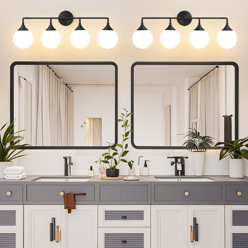 Romale Dimmable Bathroom Vanity Light with Milk Opal Glass Globe Shade, 4, Matte Black