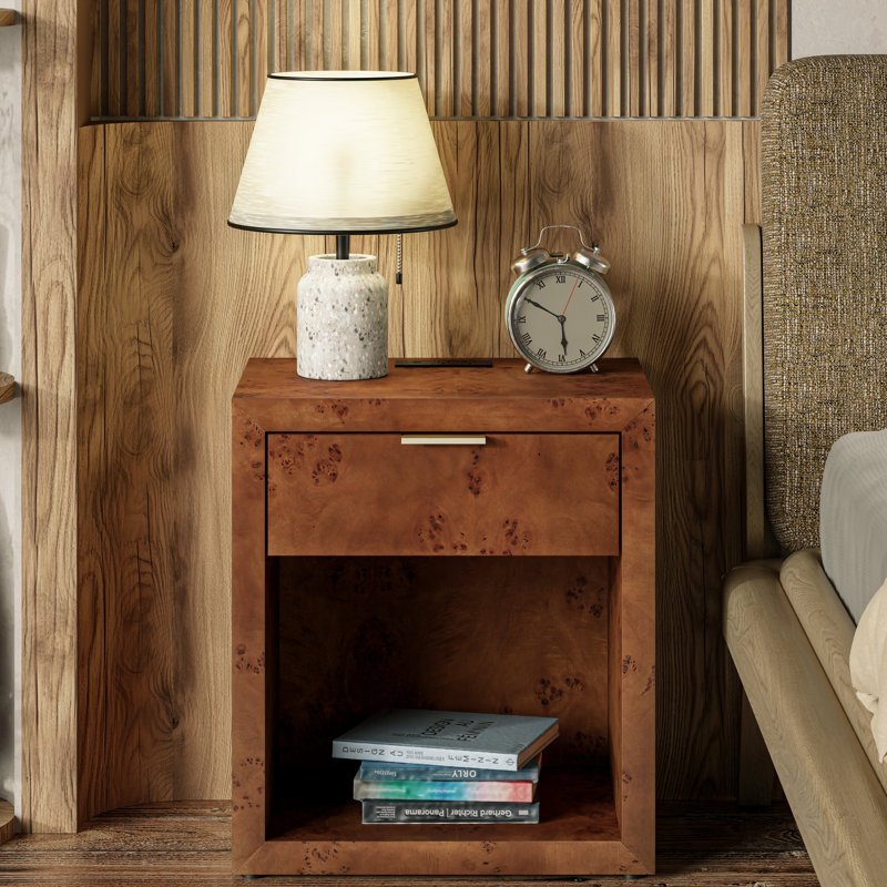 Manish Farmhouse Burl Finish Nightstand With Charging Station And Open Shelf, Brown