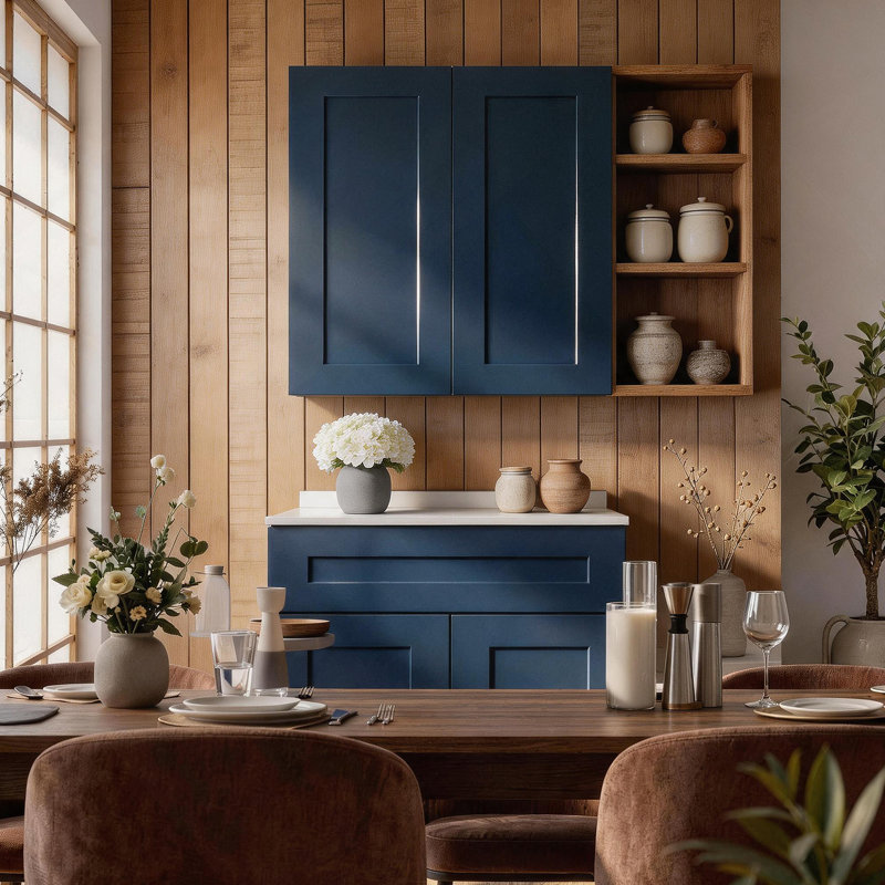 Armoire murale 33 po en bois massif bleu marine avec 3 tablettes réglables prêtes à assembler pour la cuisine, la salle de bain, la buanderie et le garage (l 33 po x P 12 po x H 42 po)