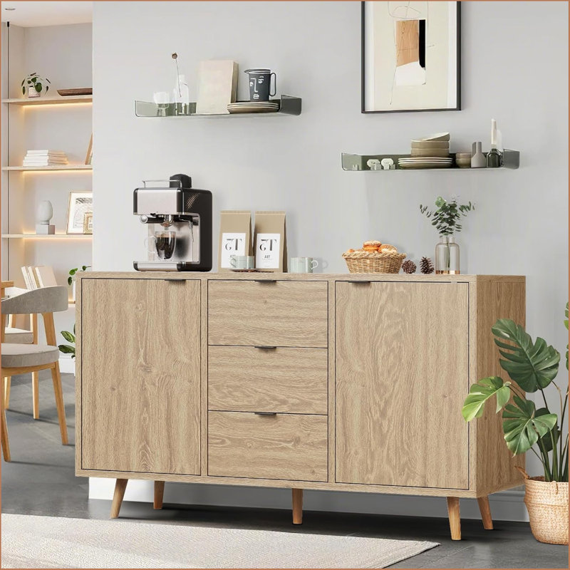 Buffet avec rangement, armoire à café avec 3 tiroirs et 2 portes, crédence avec tablettes réglables, armoire d'appoint pour la cuisine, le salon, la salle à manger