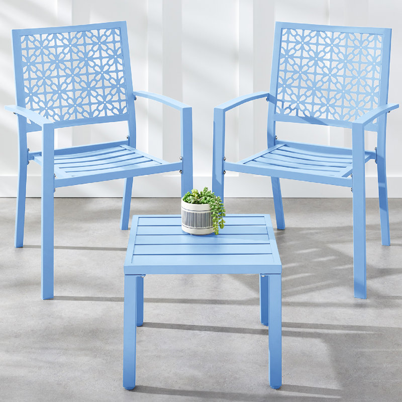 Winston Porter 3-Piece Stackable Patio Bistro Set, Outdoor Chat Furniture W/ 2 Chairs, Table, Sky Blue