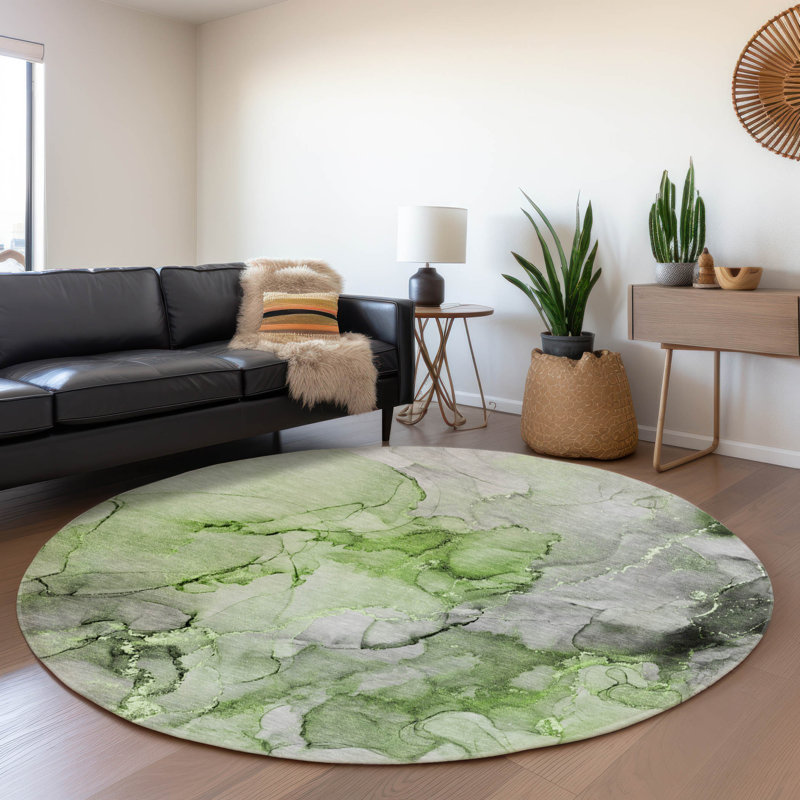 Premium Machine Washable Cerrito AMF520 Green Rug, Round 8'