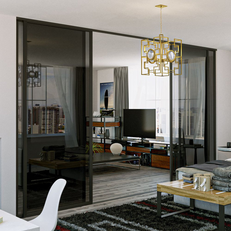 4 Panel Smoked Glass Sliding Room Divider - Aluminum Frame with Silent Glide technology, 160" x 80", Black