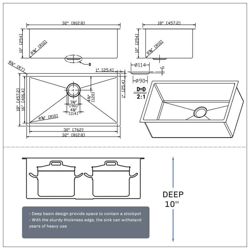 32" L X 18" W Undermount Kitchen Sink With Sink Grid