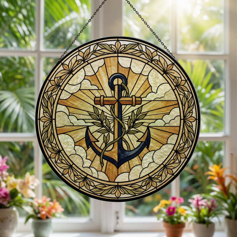 Panneau de vitrail Anchor Wreath, vitrail, H 12 po, H 12 po