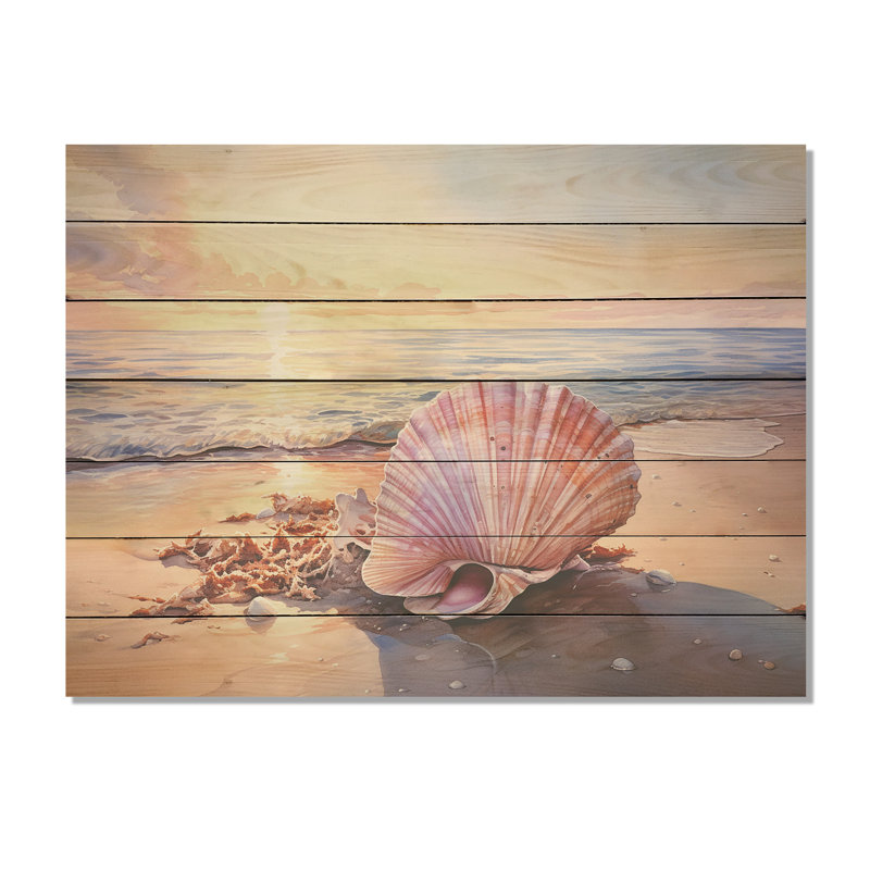 Coastal Treasures Sunset Seashell II - Beach On Wood Print, 10" H x 20" W x 0.78" D