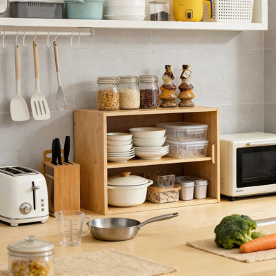 Armoire murale en bambou avec portes en verre - Petit buffet de garde-manger pour le rangement dans le salon, la salle à manger ou la chambre à coucher