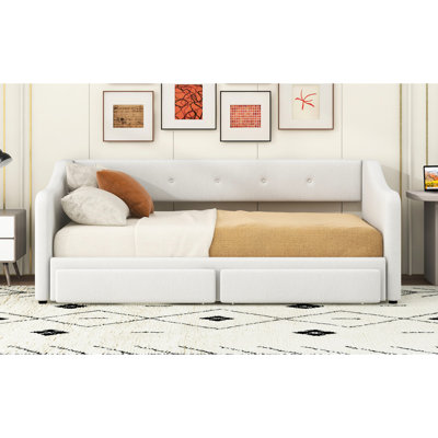 Beige, lit de jour rembourré, très grand lit simple, tiroirs de rangement, excellente expérience d'assise, lattes en bois pour matelas extensibles, rembourré, dossier et support de soutien ergonomique très grand, tissu doux