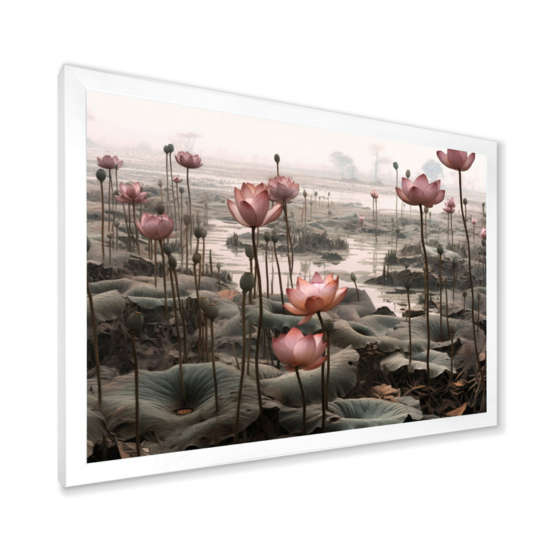 «Grey Pink Lotus Pond» sur toile par John Audubon, H 34 po x l 44 po x P 1,5 po, Cadre photo blanc