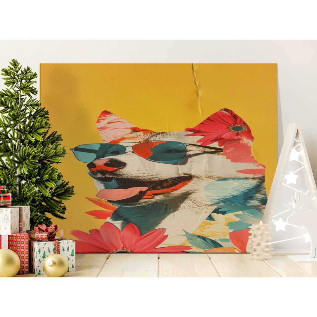 Cool Dog Canvas Wall Art, Flower Decor, Dog with Sunglasses, Gallery Wrapped Canvas Print, Modern Art, Ready to Hang, Archival Quality