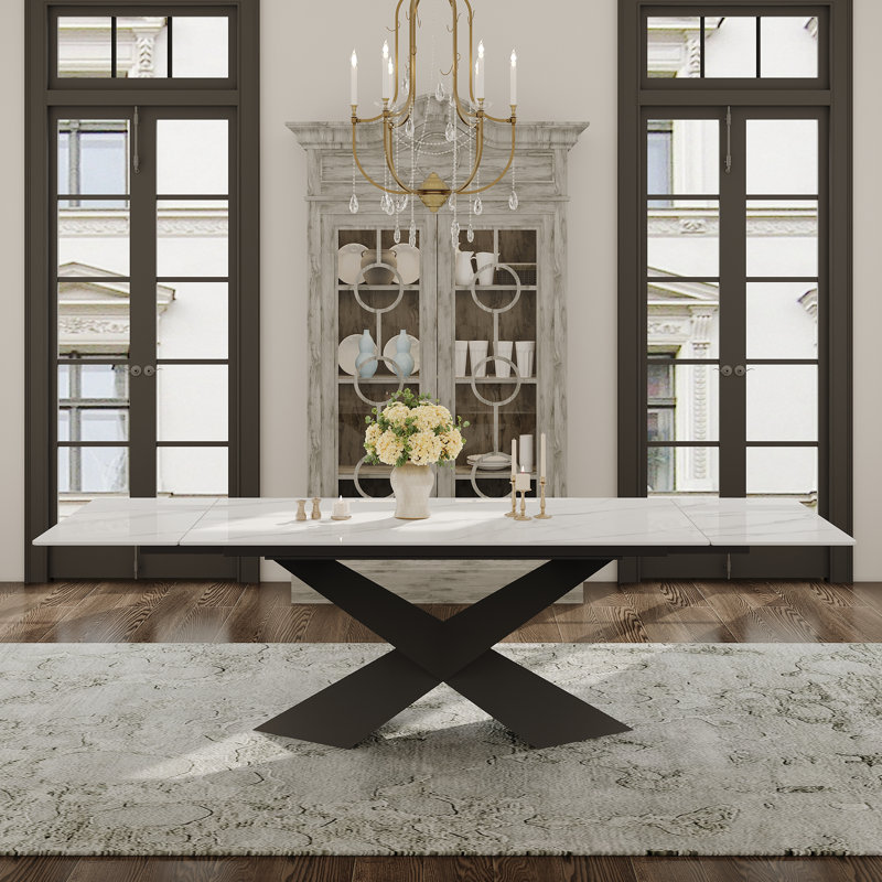 63''-94'' Expandable Dining Table for 6-8, White Sintered Stone Kitchen Table with Black Stainless Steel Base