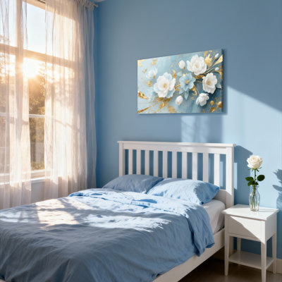 Ensemble de 1 tableau sur toile tendue, motif floral blanc et bleu avec accents dorés