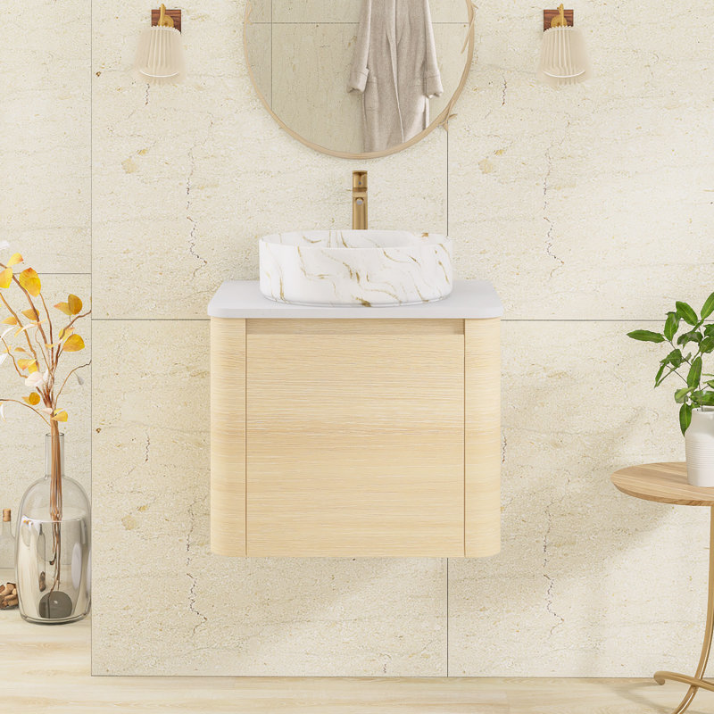 Meuble-lavabo mural simple 23,6 po avec dessus en pierre reconstituée, Ameican White Oak