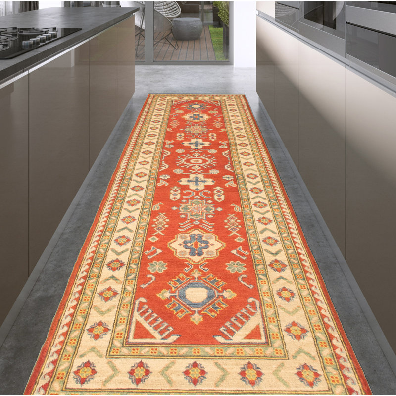 Tapis de couloir en laine rouge/beige/vert 2 pi 8 po x 10 pi noué à la main New Age Finest de conception unique Tapis décoratif
