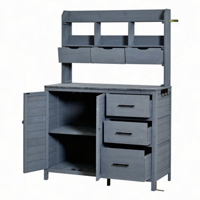 Banc de rempotage de ferme Farmhouse, grand poste de travail de jardin autoportant de 44,6 po x 19,5 po avec 6 tiroirs, armoire inférieure et crochet latéral, îlot de cuisine extérieur