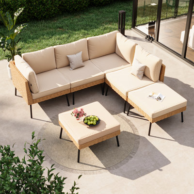 Ensemble de conversation de patio 6 pièces avec coussins amovibles, ensemble de conversation modulaire en osier toutes saisons avec repose-pieds