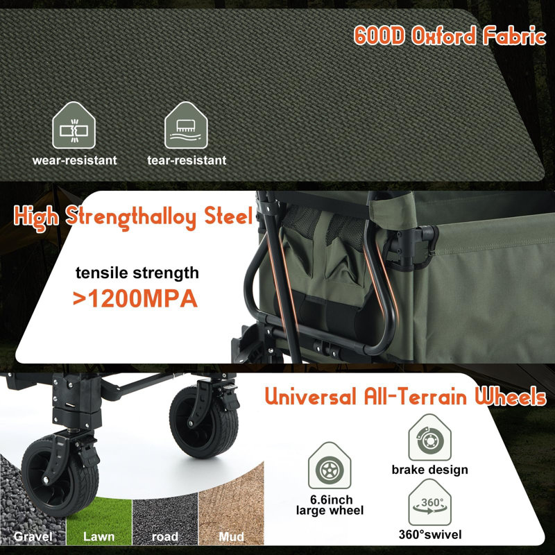 Chariot pliant 2 en 1, chariot pliable robuste, convertible en chaise, roues tout-terrain, vert armée, Vert