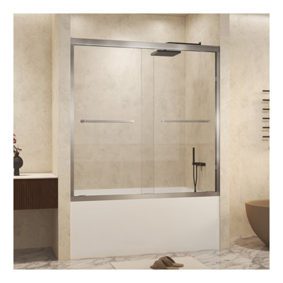 Tempered Glass with Explosion Proof Film, Aluminum Frame Double Sliding Shower Door, "1/4 (6 mm), Stainless Steel handle