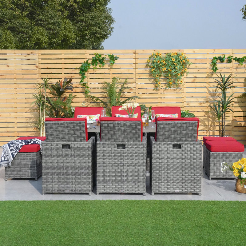 Jarhia 10 - Person Wicker Patio Dining Set with Rectangular Table , Cushions Included, Gray, Red