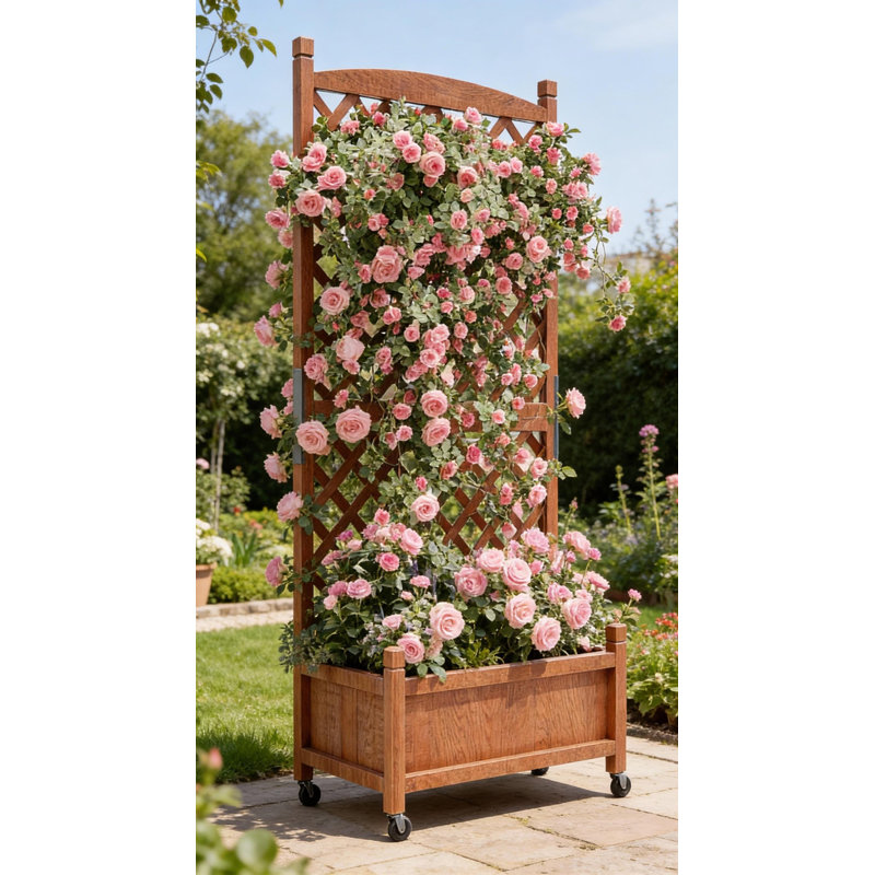 Boîte à fleurs en bois avec treillis, roues verrouillables et trous de drainage, H 10,53 po x l 44,07 po x P 17,16 po