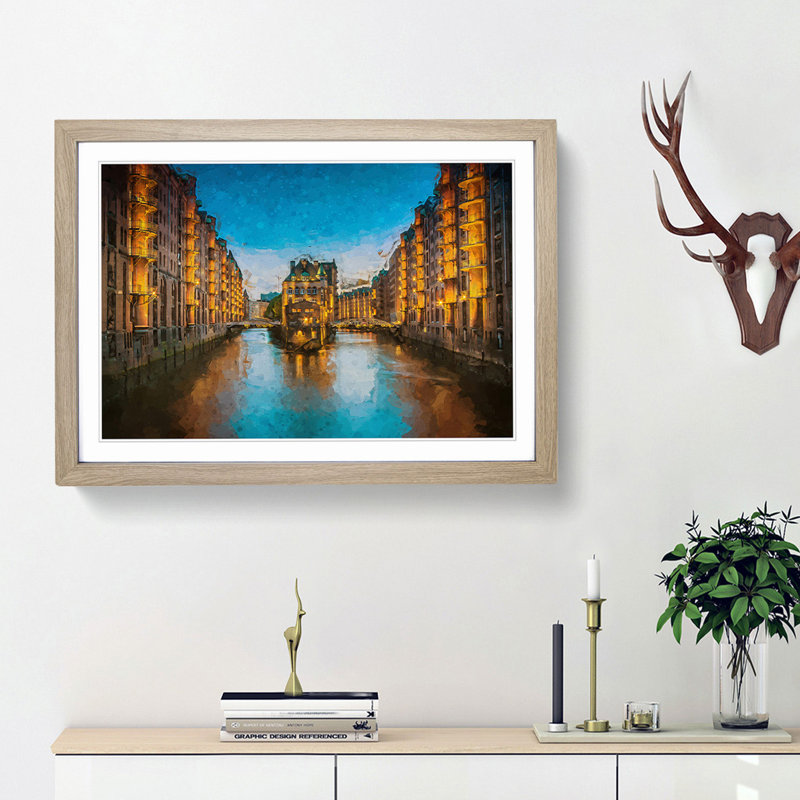 Speicherstadt District in Hamburg in Abstract - Framed Print, 62cm H x 87cm W x 2cm D, Oak Framed