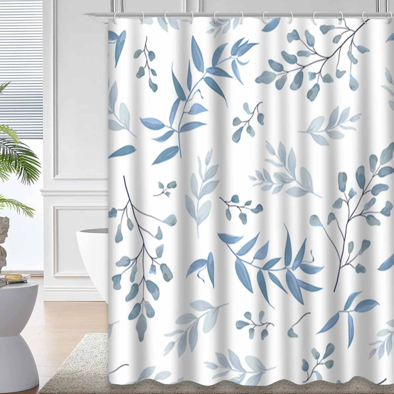 Light Watercolor Drawn Blue Color Leaves Fern Forest Herbs Plants Dusty Blue Shower Curtain with 12 Hooks, 72" L x 84" W