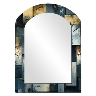 Rasheed Industrial Concrete Wall Illusion - Brick Arch Wall Mirror, Modern Asymmetrical Decorative Mirror, Printed Metal Art