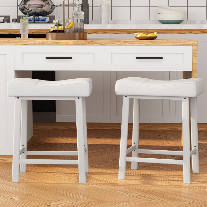 Bar Stools Set of 2, 24" Counter Height Upholstered Padded Barstools with Curved Surface, Backless Saddle Stools with Ergonomic Saddle Seat, for Kitchen Island, Home Bar, White