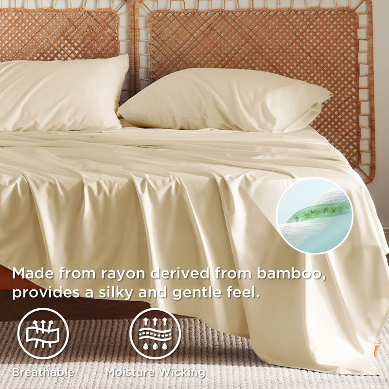 Essential Collection Cooling Rayon Derived from Bamboo Sheet Set, Queen Sheet Set with 2 Pillowcases, Alabaster Gleam