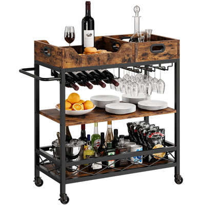 3 Tier The Home Grey Bar Cart With Wheels, Two Portable Trays, Wine Rack, Glasses Holder, Industrial Serving Cart For Kichen, Living Room, Dining Room by 17 Stories