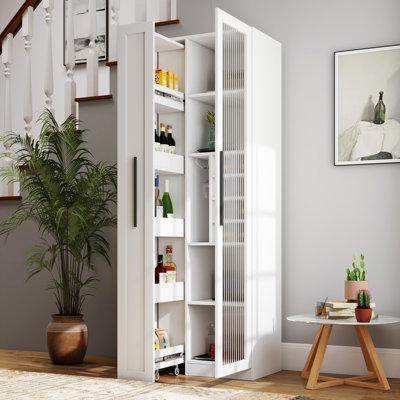 70.87" Tall Bar Cabinet With Multi-Functional Pull-Out Multi-Tier Storage Shelf,Farmhouse Storage Cabinet With Glass Doors, Bar Cabinet by Latitude Run