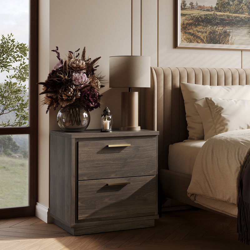 Set of 2 Nightstand with 2 Drawers & Rose Gold Handles, Brown