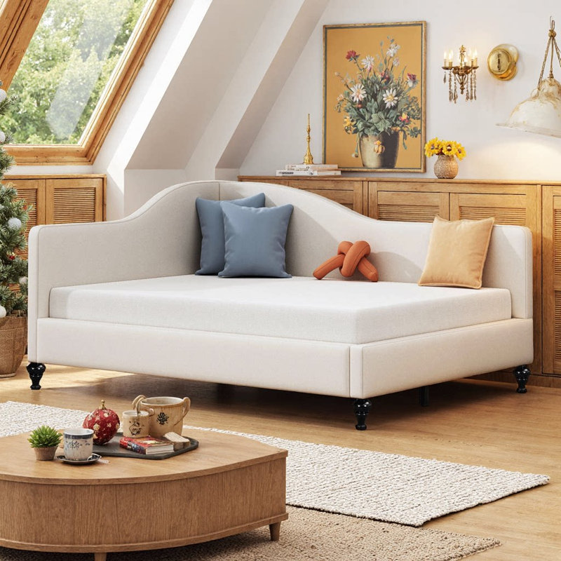 Lit de jour semi-fermé en L UnaAlba avec pieds en bois massif, option pour lit simple / double, Lit double, Beige