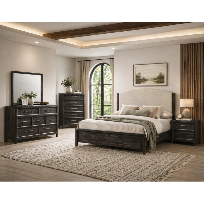 Ensemble de chambre à coucher moderne à panneau tapissier brun foncé, Grand lit, 5 pièces