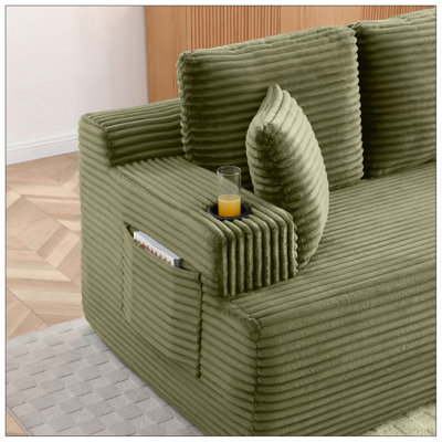 Canapé désossé avec 2 coussins supplémentaires, tissu en velours côtelé 5 places avec porte-gobelet et poche latérale, revêtement de sol facile à installer, vert