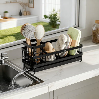 Sink Caddy Organizer With High Brush Holder, Wall-Mounted Sponge And Soap Dispenser Storage, Rustproof 304 Stainless Steel Kitchen Sink Accessory