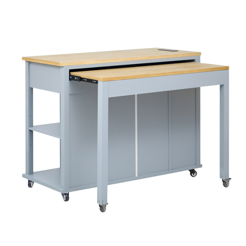 47 Inch Kitchen Island With Extendable Dining Table, Rubber Wood Veneer Kitchen Table With Internal Storage Rack, Power Outlet, Kitchen Island With Storage 2 Drawers 2 Cabinet