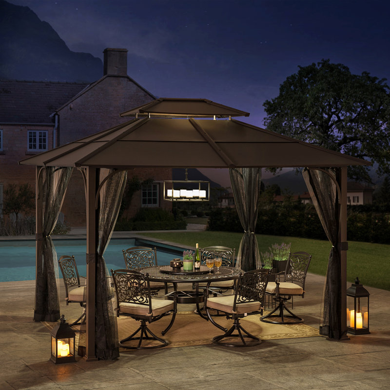 Sunjoy Hardtop Gazebo 10 x 12 ft. Outdoor Gazebo, Heavy Duty Steel Frame Gazebo, Double Roof Metal Gazebo with Ceiling Hook and Removable Netting Sidewalls