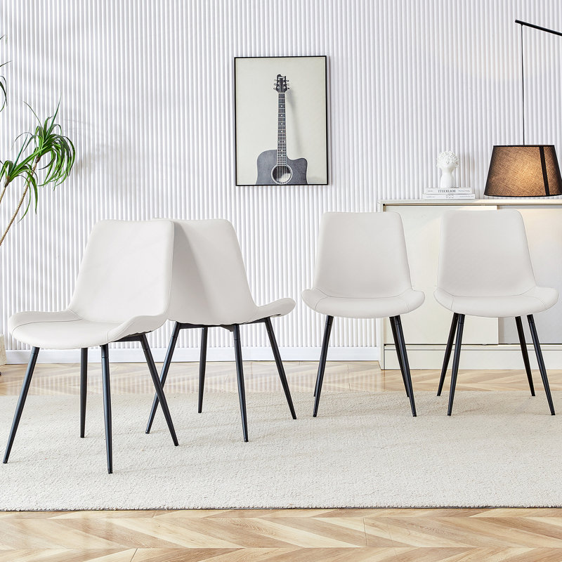 White Artificial Leather Backrest Cushion Dining Chair, Black Metal Legs, Curved Widened Cushion Design For More Comfort, Suitable For Restaurants, Kitchens, Bedrooms, Offices.(4 Chairs)
